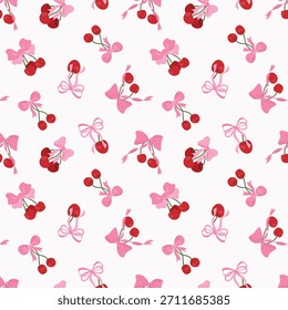 Nahtloses Muster aus Kirschen und rosa Schleifen. Endlose Texturen für Ihr Design.	