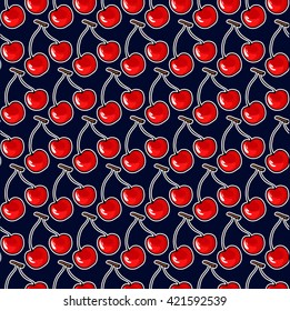 Seamless pattern with cherries. Repeat background with berries. Print for fabric, packaging, wallpaper. Vector red cherry.