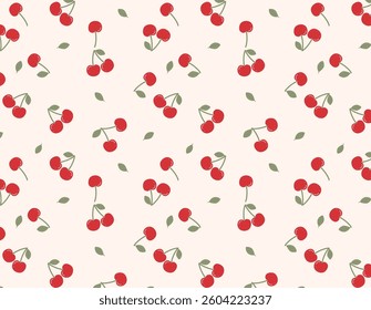 Seamless pattern with cherries. Ripe cherries are distributed on a light background. For printing on fabric, clothes, textiles, home decor, surfaces and paper. Summer pattern with red berries.