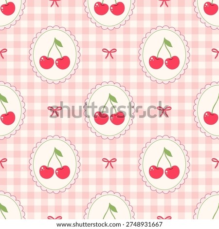 Seamless pattern with cherries in scalloped frames and ribbons on pink gingham. Cute aesthetic for nursery and textiles.