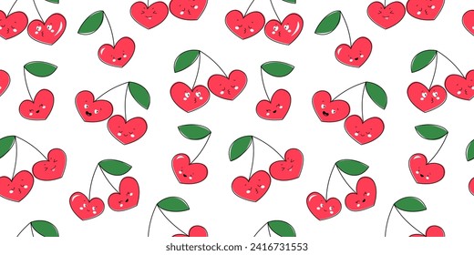 Seamless pattern of cherries in the shape of a heart with different faces and emotions. Print with abstract couples in love for Valentine's Day. Vector graphics.