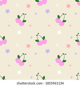 Seamless pattern with cherries and stars on a light background. Pink cherries on a branch. Vector illustration in flat style.