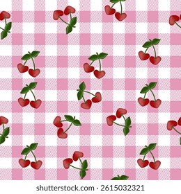 seamless pattern cherries with stems and leaves on white background combined with pink and white gingham pattern, cute design pattern for fabric, clothes, wrapping paper, and wallpaper