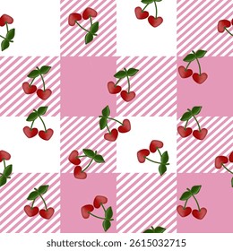 seamless pattern cherries with stems and leaves on white background combined with pink and white gingham pattern, cute design pattern for fabric, clothes, wrapping paper, and wallpaper