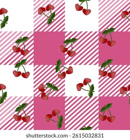 seamless pattern cherries with stems and leaves on white background combined with pink and white gingham pattern, cute design pattern for fabric, clothes, wrapping paper, and wallpaper