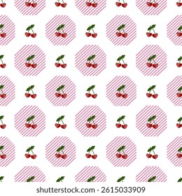 seamless pattern cherries with stems and leaves on white background combined with hexagon pattern, cute design pattern for fabric, clothes, wrapping paper, and wallpaper