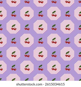 seamless pattern cherries with stems and leaves on purple background combined with hexagon pattern, cute design pattern for fabric, clothes, wrapping paper, and wallpaper