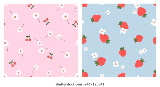 Seamless pattern with cherries, strawberries and cute flower on pink and blue backgrounds vector. Cute fruit print.