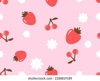 Patrón sin foco con cerezas, fresas y flor pequeña sobre la ilustración de los vectores de fondo rosa. Huella de fruta.