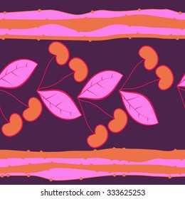 Seamless    pattern  of cherries  and striped motif, spots, leaves, branches . Hand drawn.