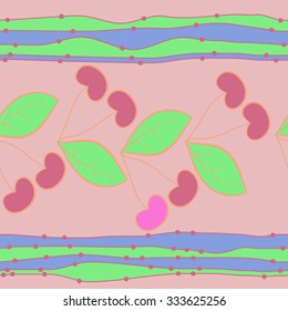 Seamless    pattern  of cherries  and striped motif, spots, leaves, branches . Hand drawn.