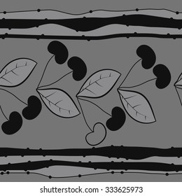 Seamless    pattern  of cherries  and striped motif, spots, leaves, branches . Hand drawn.