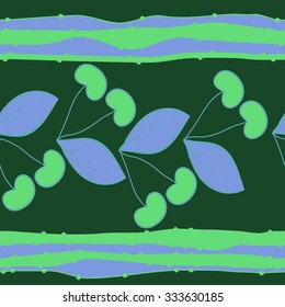 Seamless pattern  of cherries  and striped motif, spots, leaves, branches . Hand drawn.