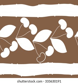 Seamless    pattern  of cherries  and striped motif, spots, leaves, branches . Hand drawn.