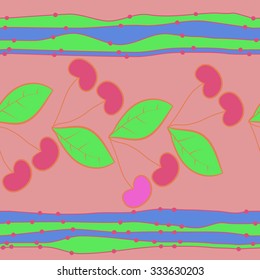 Seamless    pattern  of cherries  and striped motif, spots, leaves, branches . Hand drawn.