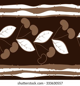 Seamless    pattern  of cherries  and striped motif, spots, leaves, branches . Hand drawn.