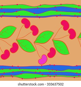 Seamless    pattern  of cherries  and striped motif, spots, leaves, branches . Hand drawn.