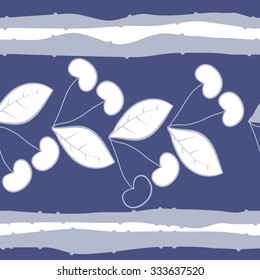 Seamless    pattern  of cherries  and striped motif, spots, leaves, branches . Hand drawn.
