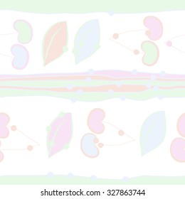 Seamless    pattern  of cherries and stripes motifs, leaves , hole, spots. Hand drawn.