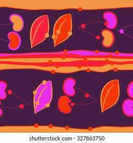 Seamless    pattern  of cherries and stripes motifs, leaves , hole, spots. Hand drawn.
