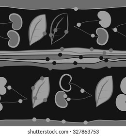 Seamless    pattern  of cherries and stripes motifs, leaves , hole, spots. Hand drawn.