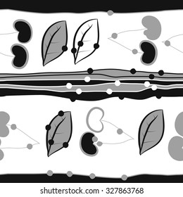 Seamless    pattern  of cherries and stripes motifs, leaves , hole, spots. Hand drawn.