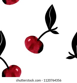 Seamless pattern with cherries. Vector cherry on watercolor dab. Drawing of cherries on a white background.