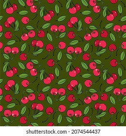 Seamless pattern with cherries. Vector hand-drawn berrius background. Pattern for printing on fabric or wallpaper