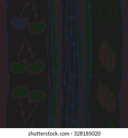 Seamless    pattern  of cherries,leaves, stripes, hole, spots. Hand drawn.