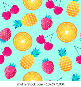 Seamless pattern with cherries,strawberries,pineapples and oranges.Surface pattern.