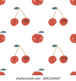 Seamless pattern with cherry and apple with faces on them on white background. For prints, backgrounds, wrapping paper, textile, linen, wallpaper, etc. 