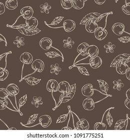 Seamless pattern with cherry: berries and flower. Vector hand drawn illustration