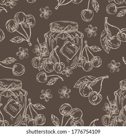 Seamless p[attern with cherry berries, flowers and jar of jam with cherry. Vector hand drawn illustration