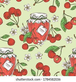 Seamless p[attern with cherry berries, flowers and jar of jam with cherry. Vector hand drawn illustration