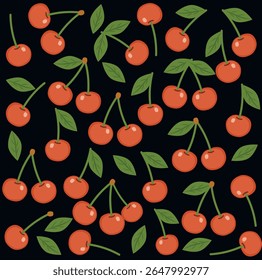 Seamless pattern with cherry berries and green leaves in a scattered layout on a black background. Perfect for fabric wrap wallpaper and summer themed design projects. Vector illustration.