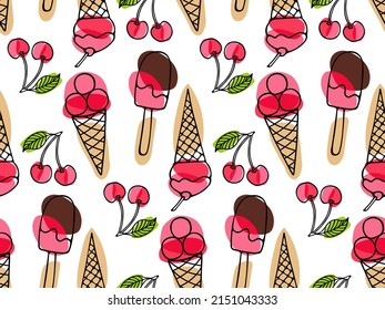 Seamless pattern with cherry berries Ice Cream. Ice Cream repeated Vector illustration. Frozen Food template for cafe, restaurant menu, textile, wallpaper, scrapbooking, wrapping paper