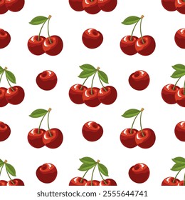Seamless pattern with cherry berries and leaves on white background. Fruit background, packaging illustration