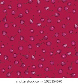 Seamless pattern of cherry berries on a red background
