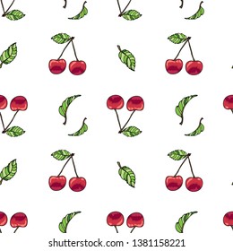 Seamless pattern with cherry berries on white background. New crop. Ripe cherry berries. For design and decoration of fabric, paper, Wallpaper, packaging