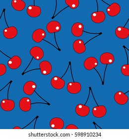 seamless pattern of cherry berries. Repeatable hand drew color red summer berry illustration on blue background.