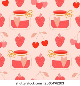 Seamless pattern of cherry berries, strawberries, jar of jam for your beloved. Vector illustration for decoration of all lovers day, valentine's day.