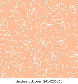Seamless pattern of cherry berries. Vector Illustration.  Peach Fuzz Background color 2024