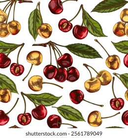 Seamless pattern of cherry berries with whole and half fruits. Vector with red and yellow cherries and green leaves. Bright graphics for a healthy lifestyle.