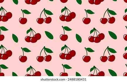 Seamless pattern with Cherry berry. Juicy ripe cherries with leaves. Summer berries background. Flat Vector illustration 