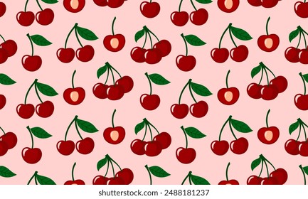 Seamless pattern with Cherry berry. Juicy ripe cherries with leaves. Summer berries background. Flat Vector illustration 