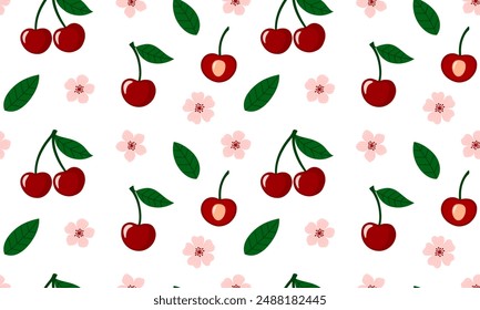 Seamless pattern with Cherry berry. Juicy ripe cherries with leaves and flowers background. Summer berries. Flat Vector illustration 
