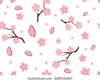 Seamless pattern with cherry blossom branch Sakura flower and  pink petals on white background vector illustration. Cute floral print.