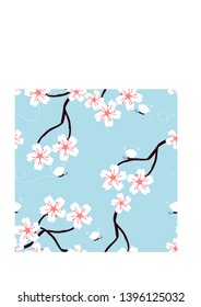 Seamless pattern of cherry blossom , Branches of white cherry blossoms with butterfly, Spring flower garden on blue background.