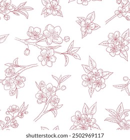 Seamless pattern with cherry blossom branches with beautiful flowers and buds in pink on white. Hand drawn vector sketch illustration in doodle engraved vintage line art style. Floral botanical