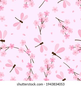 Seamless pattern with cherry blossom and dragonfly cartoon on pink background vector illustration.